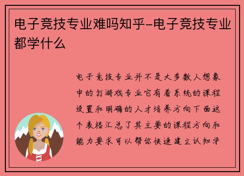 电子竞技专业难吗知乎-电子竞技专业都学什么